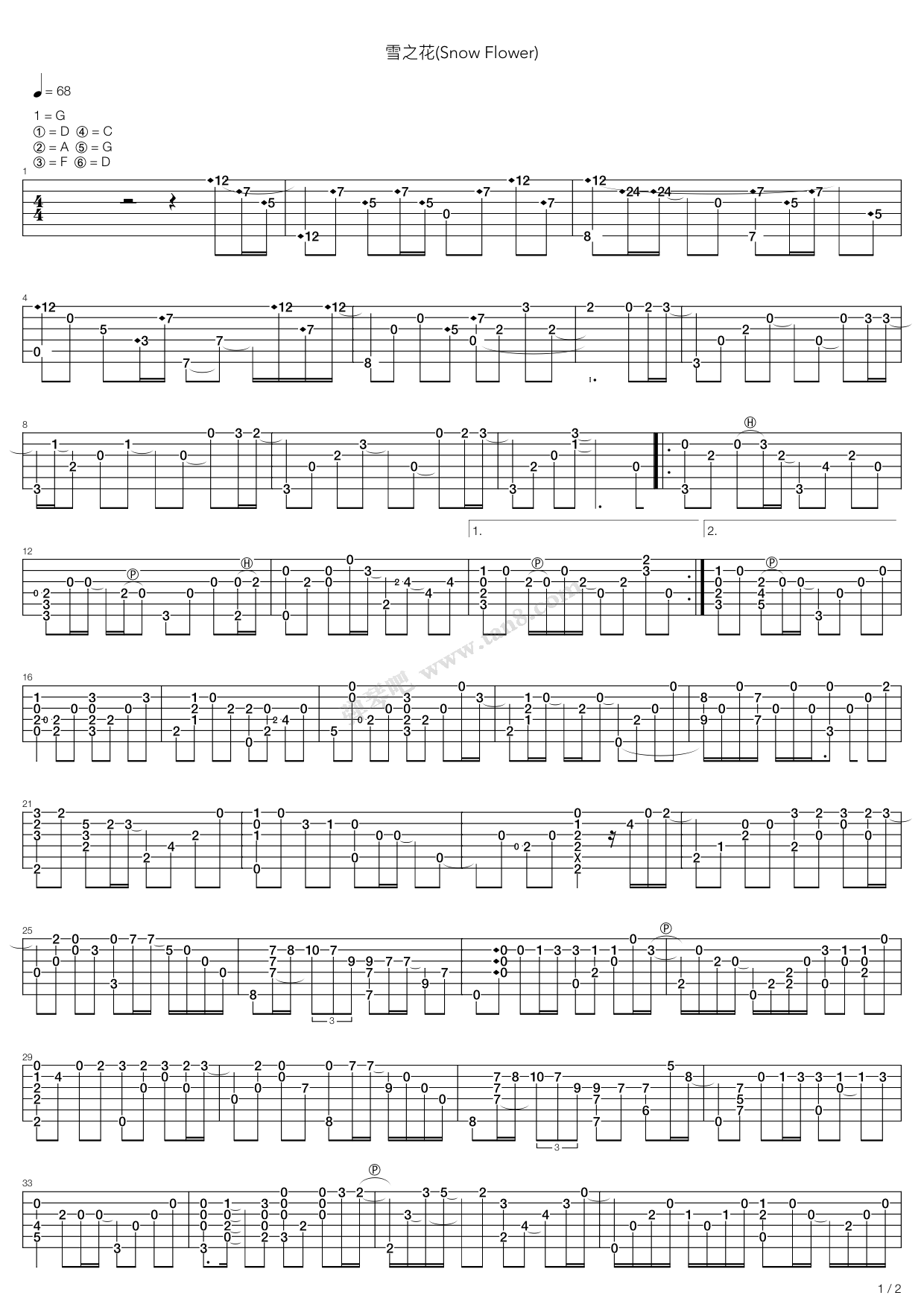 《Snow Flower（雪之花指弹版，郑成河）》吉他谱-C大调音乐网