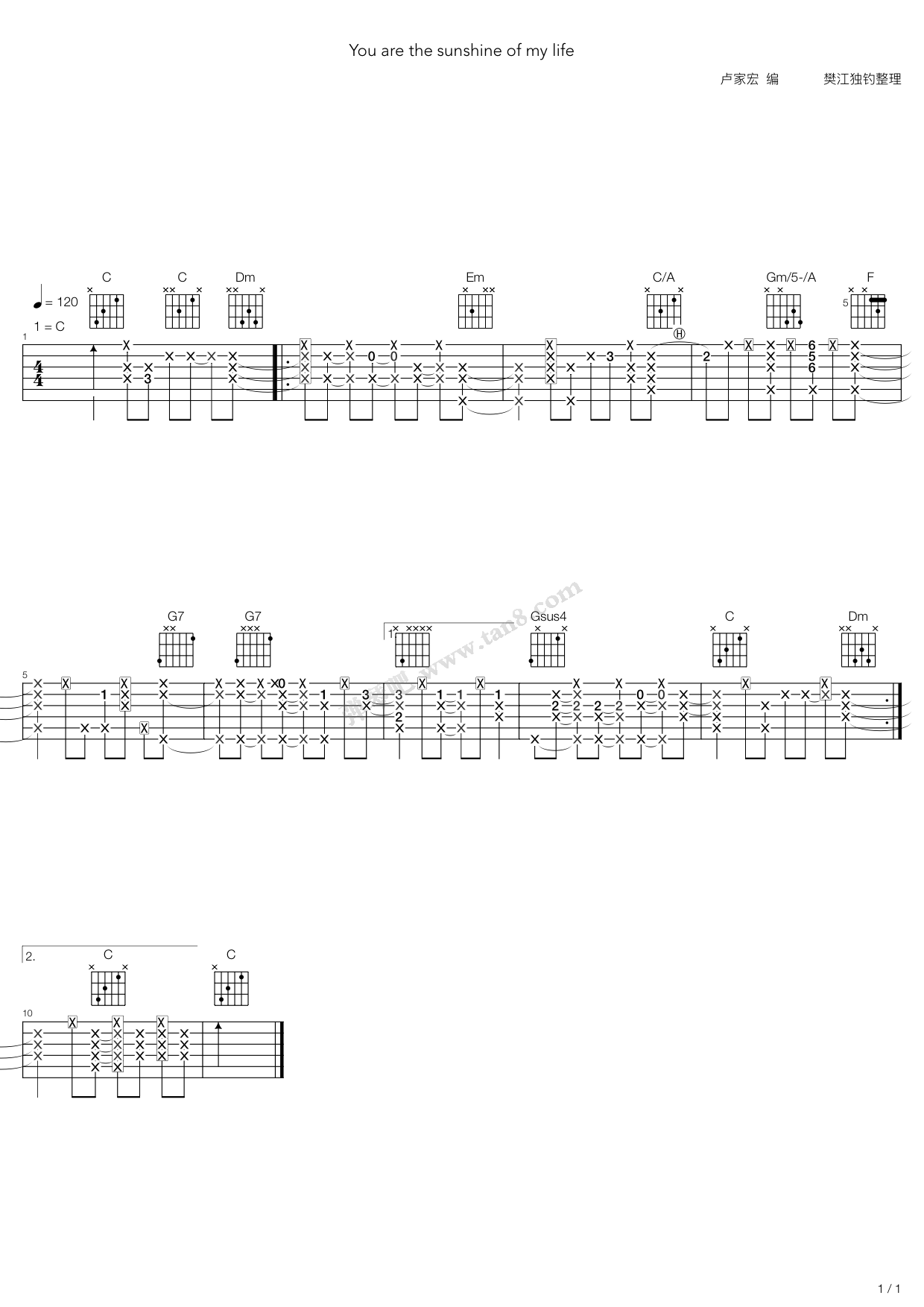 《You are the sunshine of my life(押尾弹法之2)》吉他谱-C大调音乐网