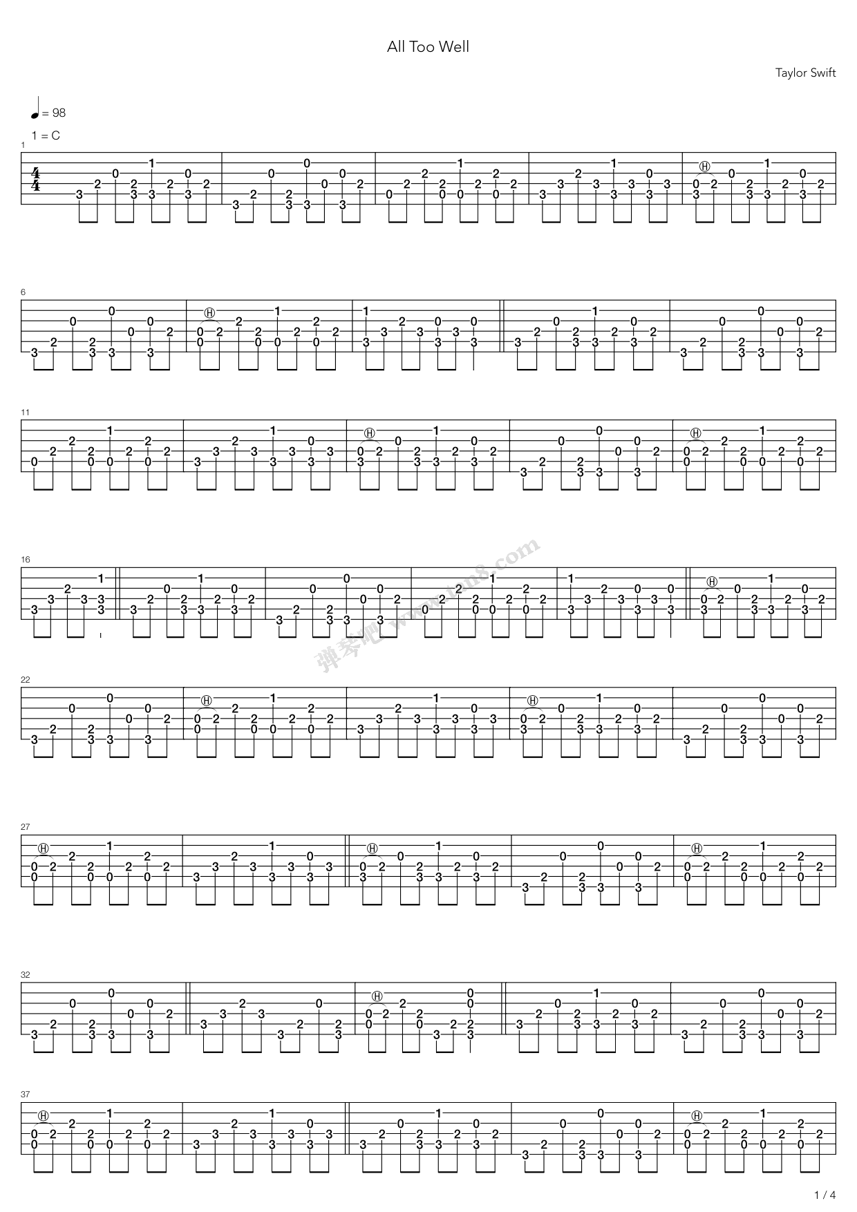 《All Too Well》吉他谱-C大调音乐网