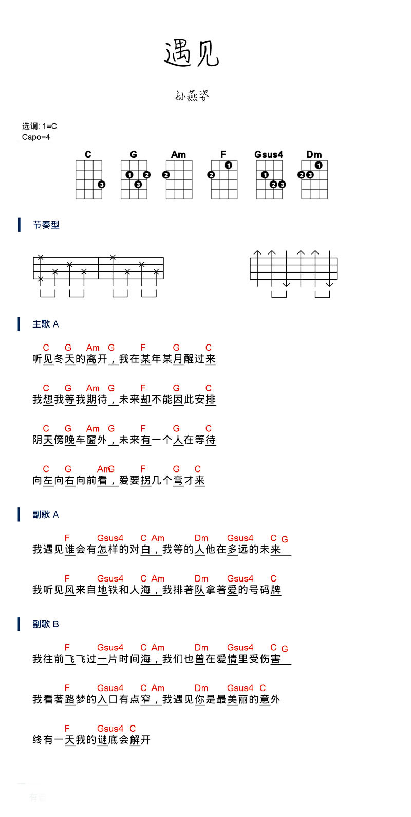 《孙燕姿遇见ukulele谱 遇见C调尤克里里和弦谱》吉他谱-C大调音乐网