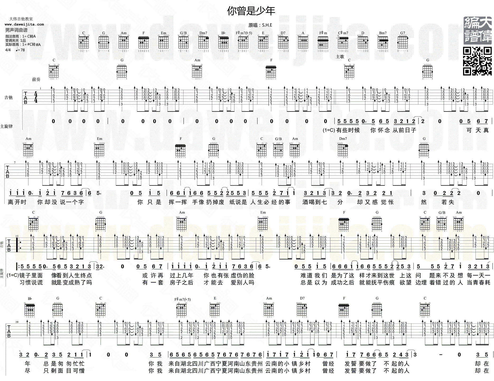 《你曾是少年 大伟版》吉他谱-C大调音乐网