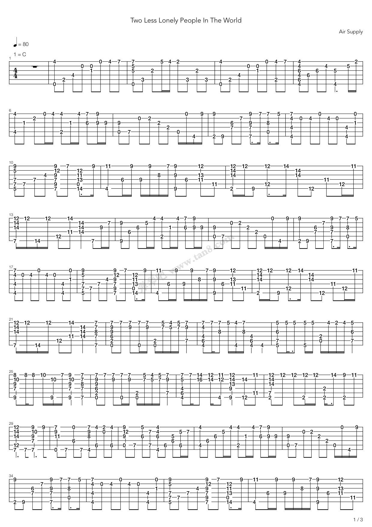 《Two Less Lonely People In The World》吉他谱-C大调音乐网