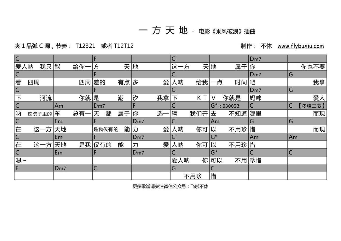 《一方天地吉他谱_张本煜_电影《乘风破浪》插曲》吉他谱-C大调音乐网