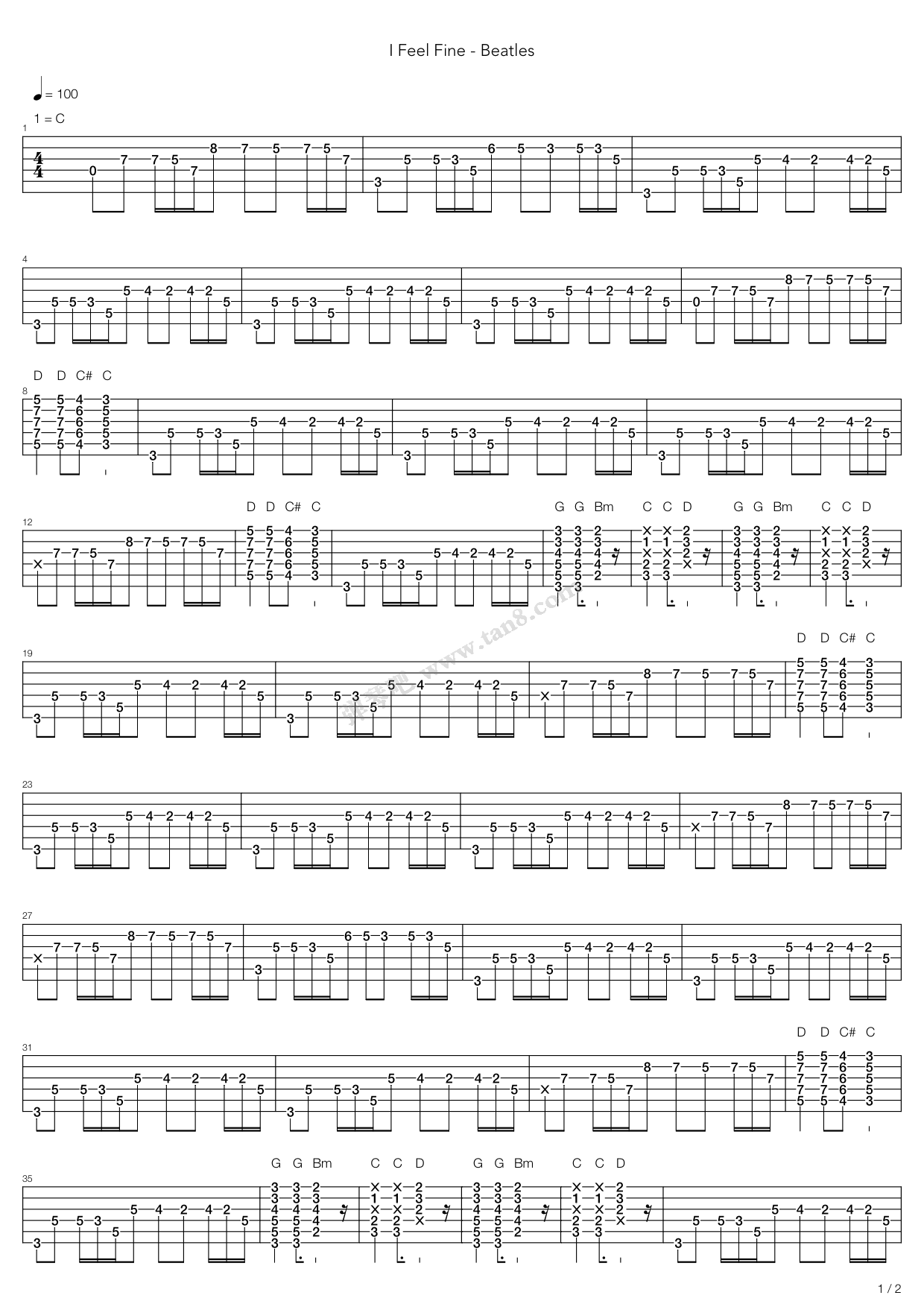 《I Feel Fine》吉他谱-C大调音乐网