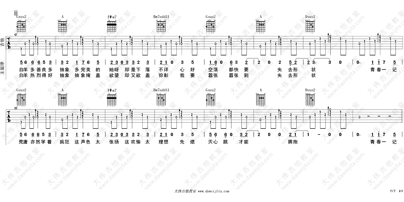 白羊吉他谱_徐秉龙_高清图片六线谱_吉他弹唱示范演示-C大调音乐网
