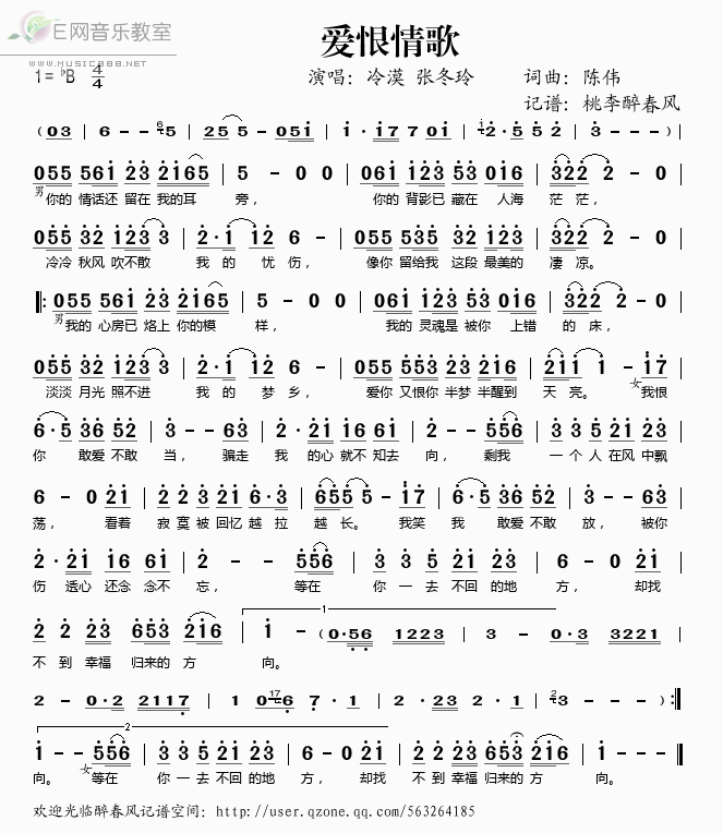 《爱恨情歌——冷漠 张冬玲（简谱）》吉他谱-C大调音乐网