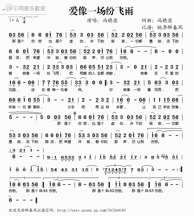 《爱像一场纷飞雨——冯晓荣（简谱）》吉他谱-C大调音乐网