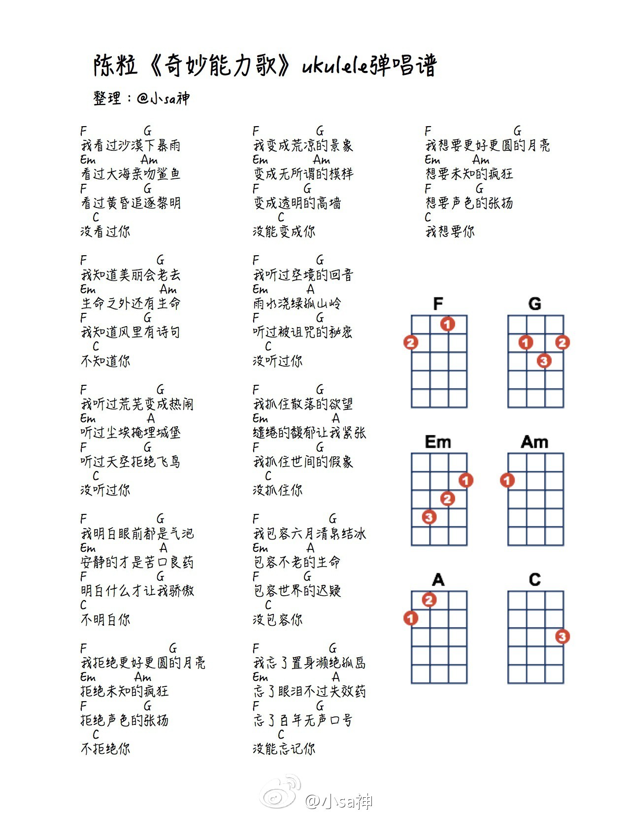 奇妙能力歌 - Sasa小sa神 ukulele谱-C大调音乐网