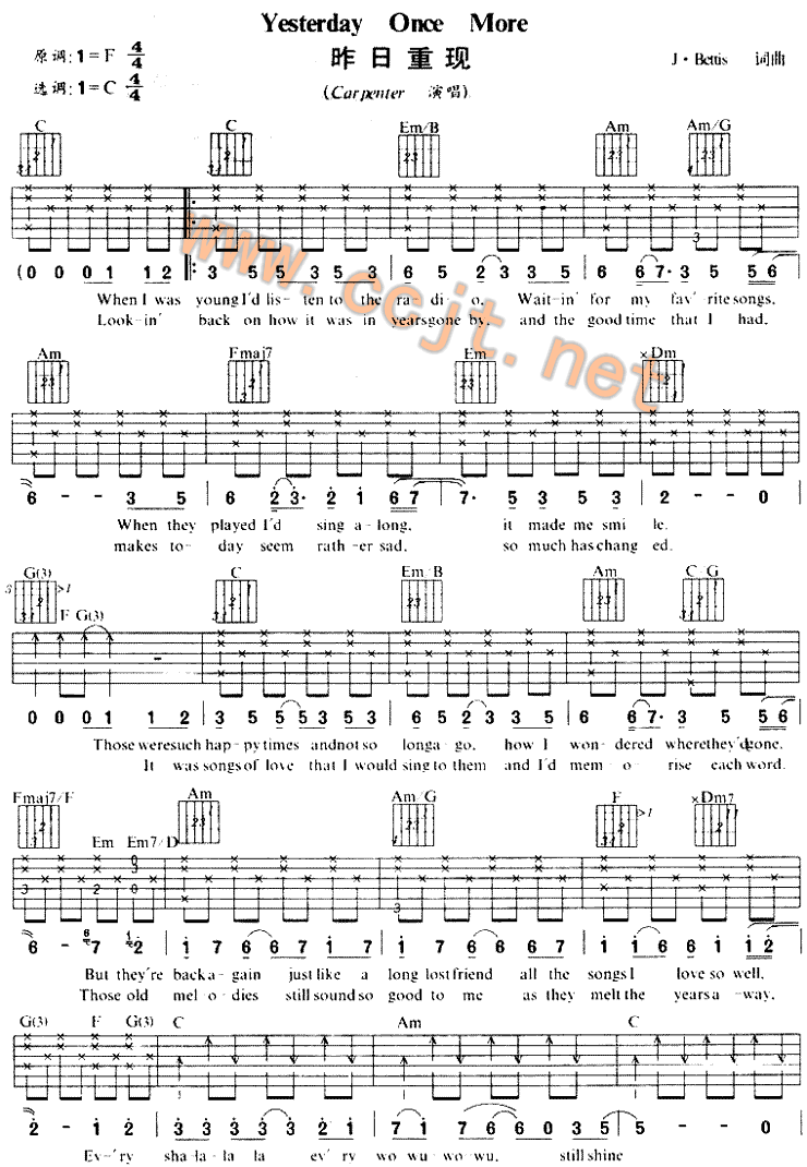 《Yesterday Once More昨日重现》吉他谱-C大调音乐网