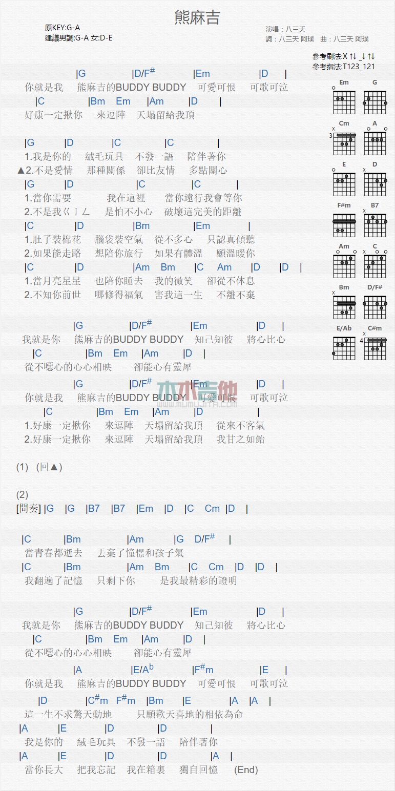 《熊麻吉》吉他谱-C大调音乐网