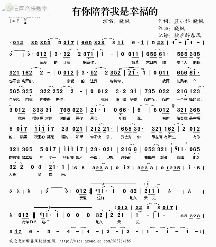 《有你陪着我是幸福的——晓枫（简谱）》吉他谱-C大调音乐网