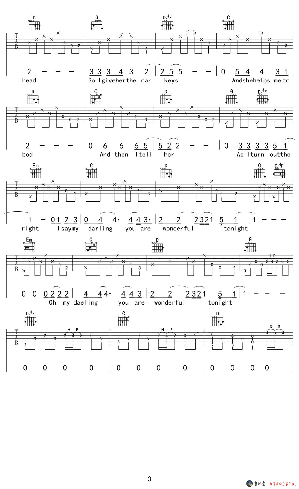 《《Wonderful Tonight》吉他谱_Eric Clapton_弹唱六线谱附弹唱演示》吉他谱-C大调音乐网