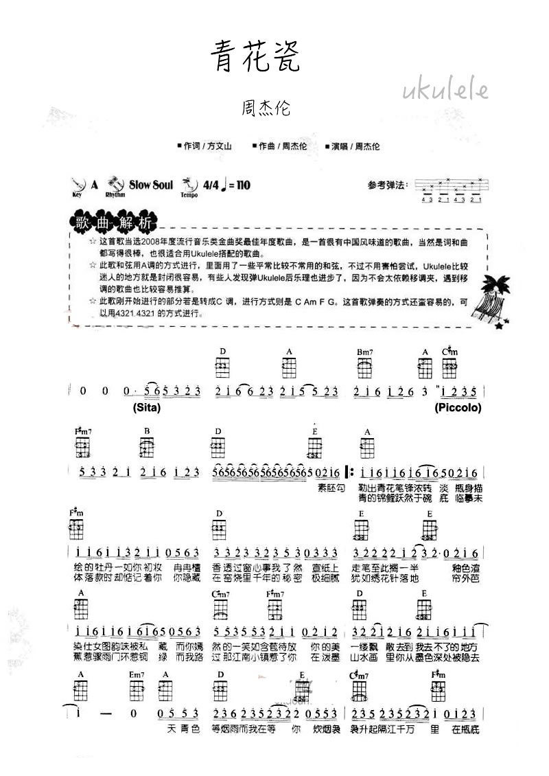 《青花瓷ukulele谱_周杰伦_青花瓷尤克里里谱_小四线》吉他谱-C大调音乐网