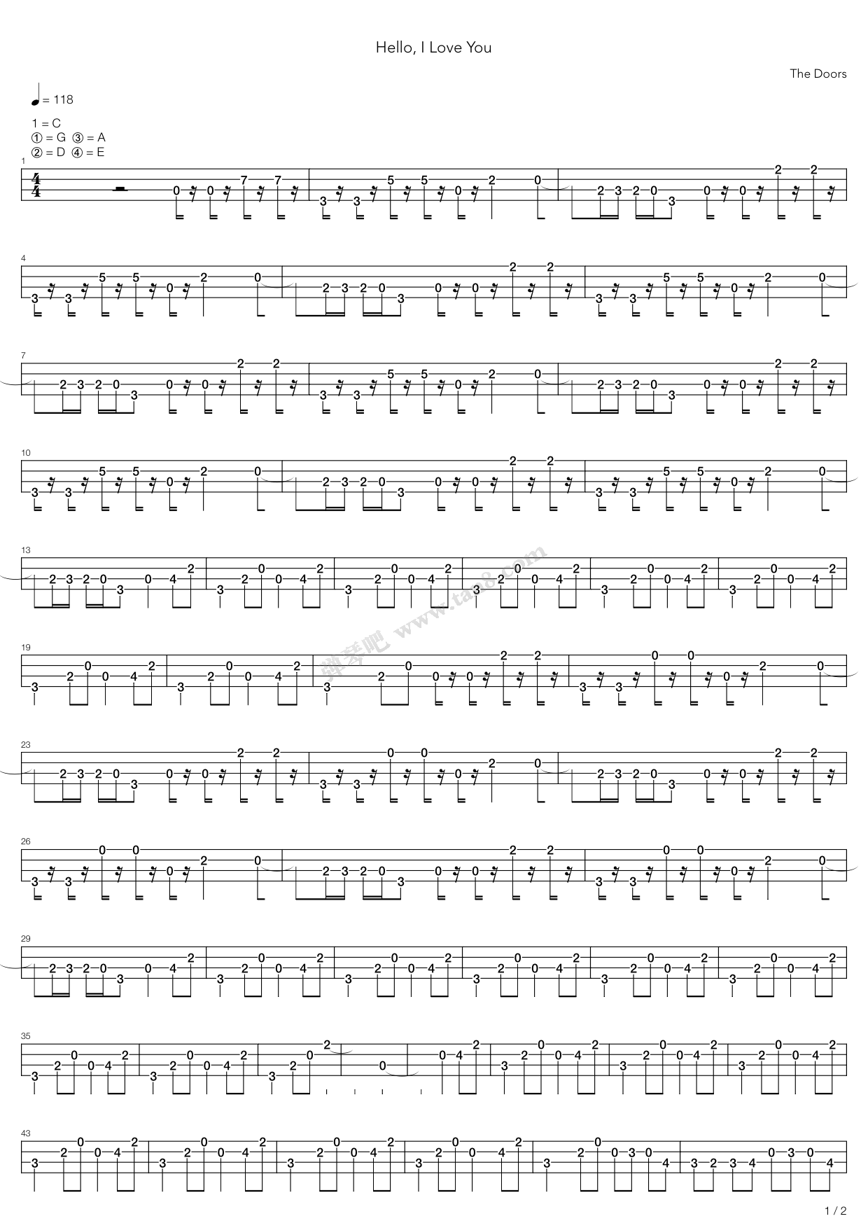 《Hello I Love You》吉他谱-C大调音乐网