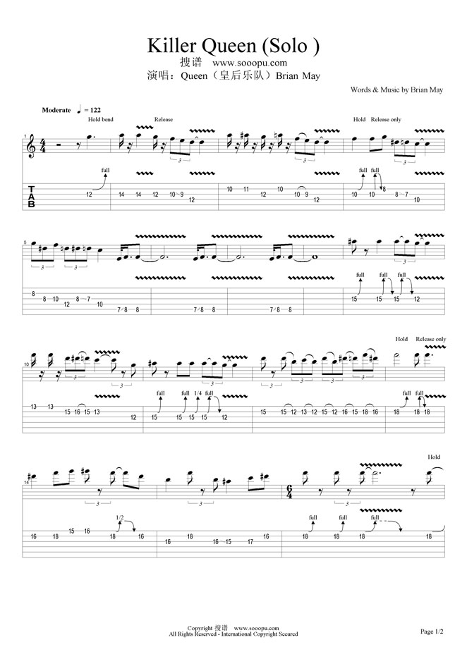 《Killer Queen (Solo )》吉他谱-C大调音乐网