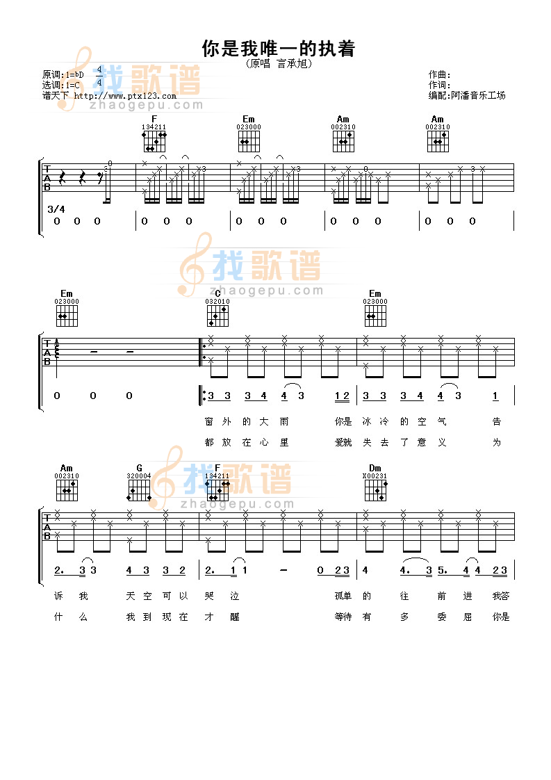 《你是我唯一的执着》吉他谱-C大调音乐网