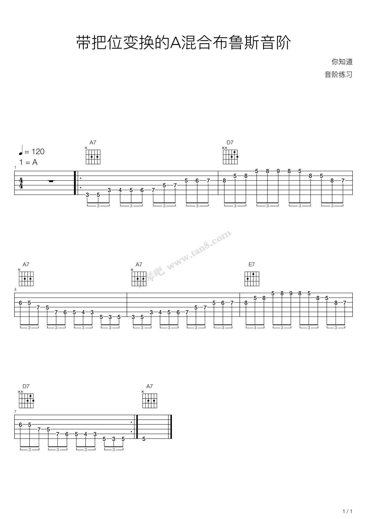 《木吉他华彩音阶练习 - 带把位变换的A混合布鲁斯音阶 ...》吉他谱-C大调音乐网