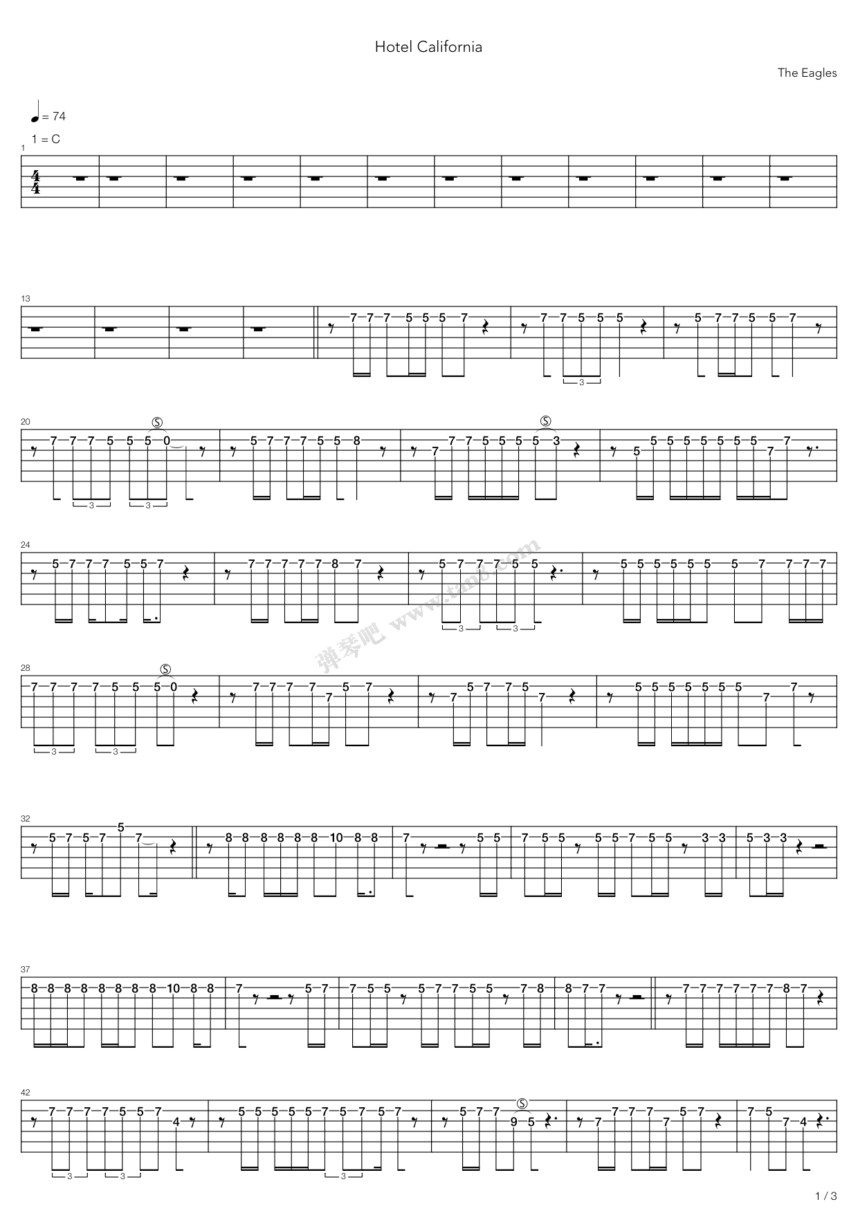 《Hotel California》吉他谱-C大调音乐网