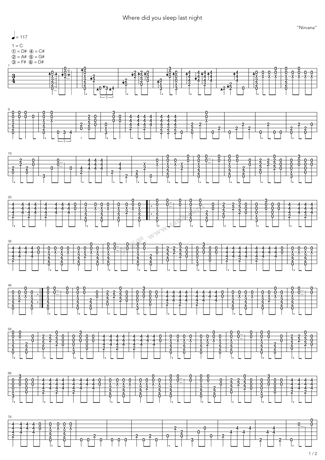 《Where Did You Sleep Last Night》吉他谱-C大调音乐网