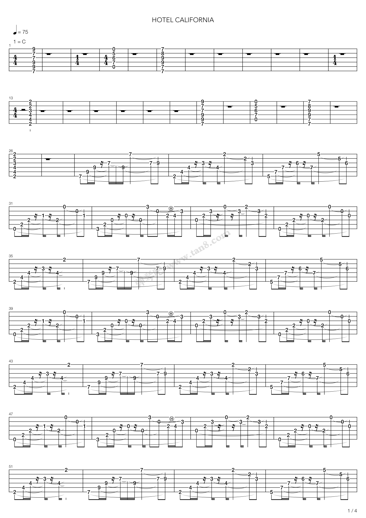 《Hotel California(加州旅馆)》吉他谱-C大调音乐网