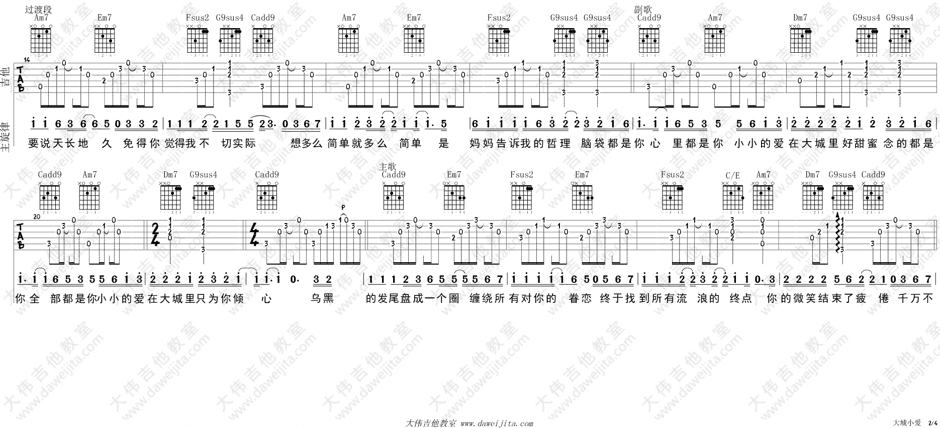 《大城小爱吉他谱_王力宏_弹唱教学视频_C转D调》吉他谱-C大调音乐网