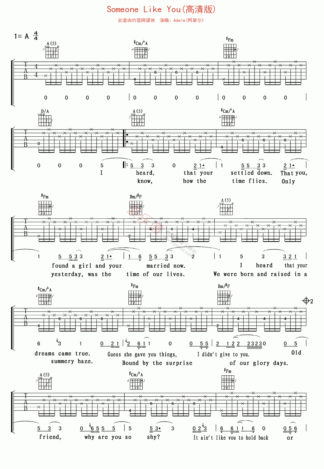 《Adele(阿黛尔)《Someone Like You(高清版)》》吉他谱-C大调音乐网