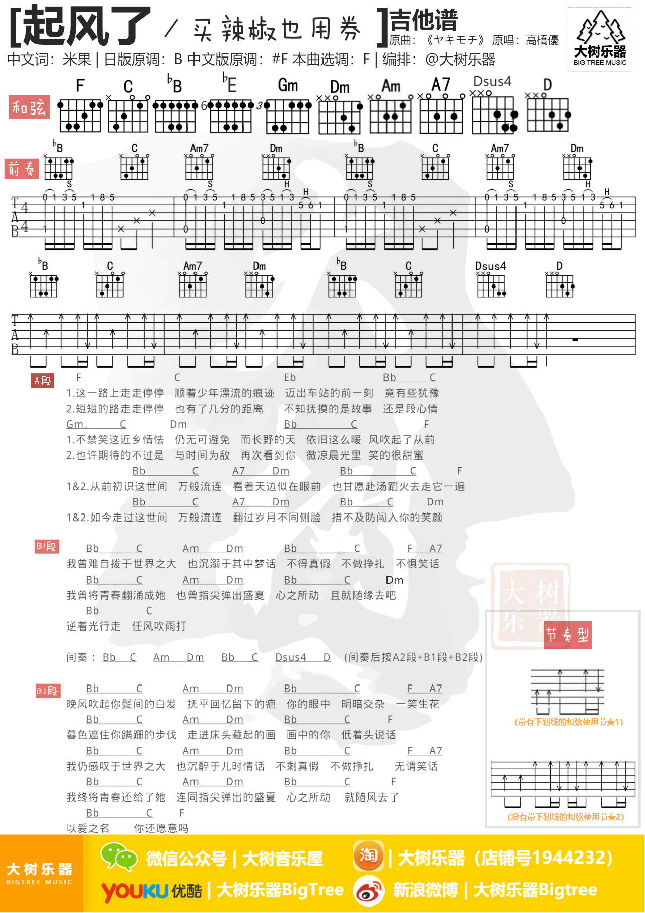 起风了(Cover高桥优ヤキモチ 大树乐器)-C大调音乐网