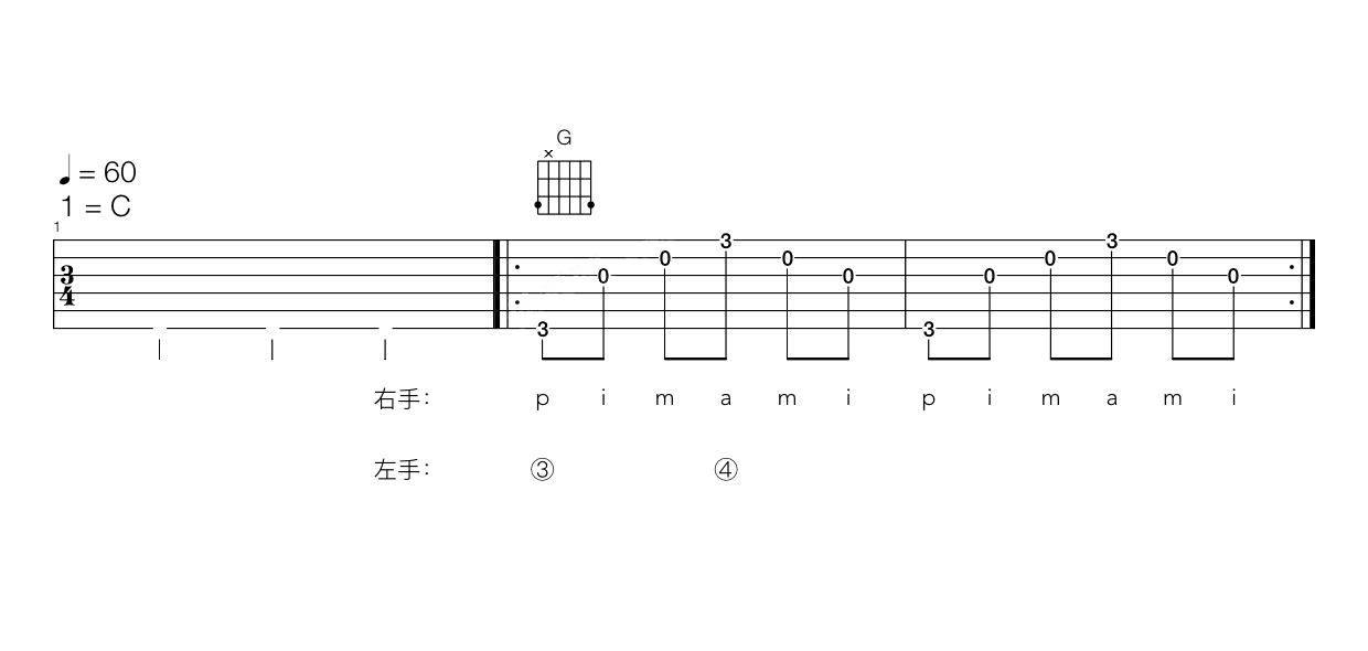 《简化G和弦左手34指练习（八分音符）》吉他谱-C大调音乐网