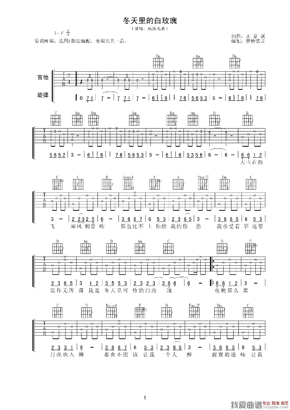 《冬天里的白玫瑰》吉他谱-C大调音乐网