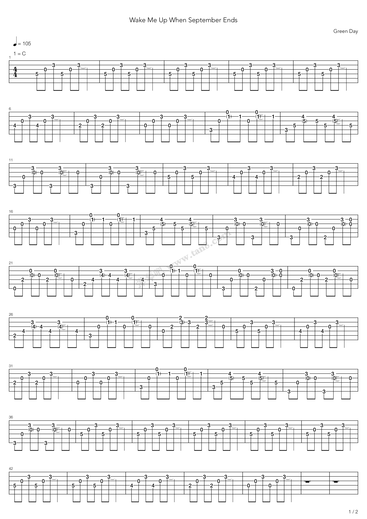 《Wake Me Up When September Ends - Green Day》吉他谱-C大调音乐网