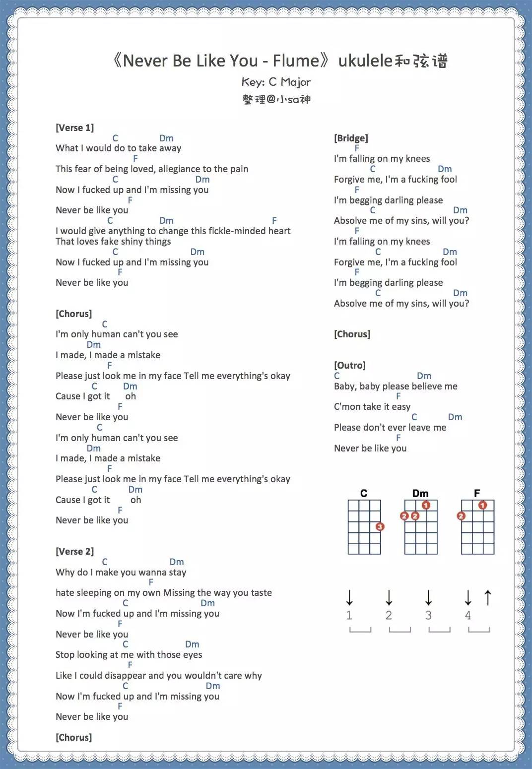 Never Be Like You - Flume ukulele谱-C大调音乐网