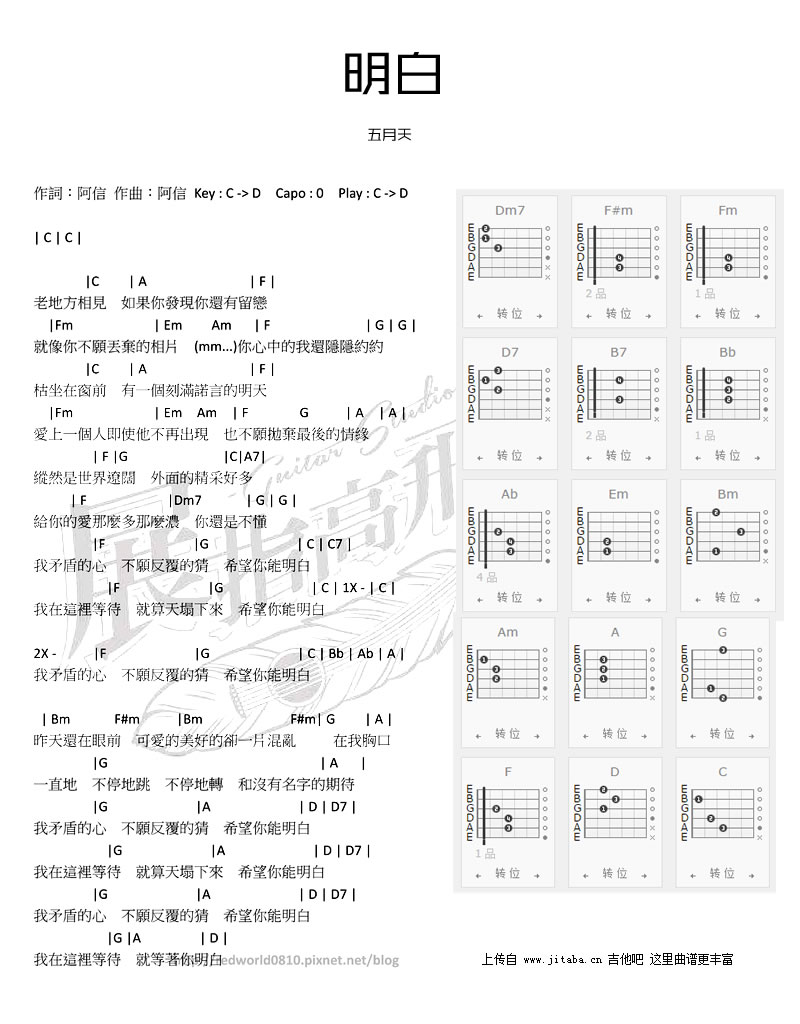 《明白吉他谱_五月天_六线吉他弹唱图谱》吉他谱-C大调音乐网