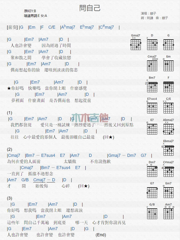 《问自己》吉他谱-C大调音乐网