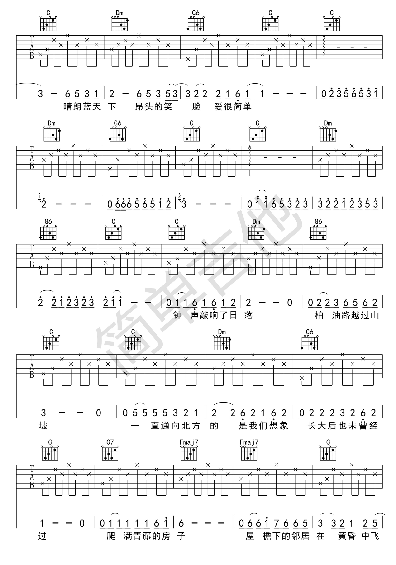 《少年锦时吉他谱 赵雷（C调超级简单版）》吉他谱-C大调音乐网