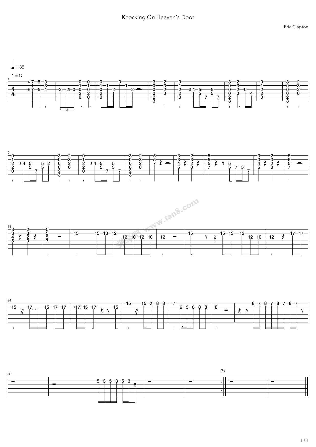 《Knocking On Heavens Door》吉他谱-C大调音乐网