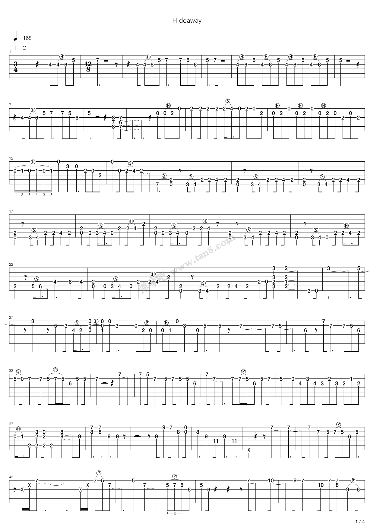 《Hideaway》吉他谱-C大调音乐网