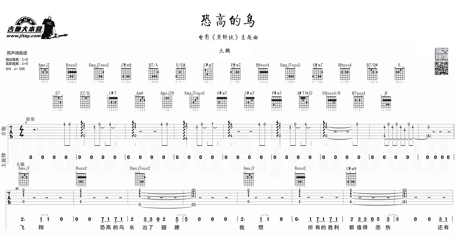 《恐高的鸟吉他谱--大鹏《煎饼侠》插曲--高清图片》吉他谱-C大调音乐网