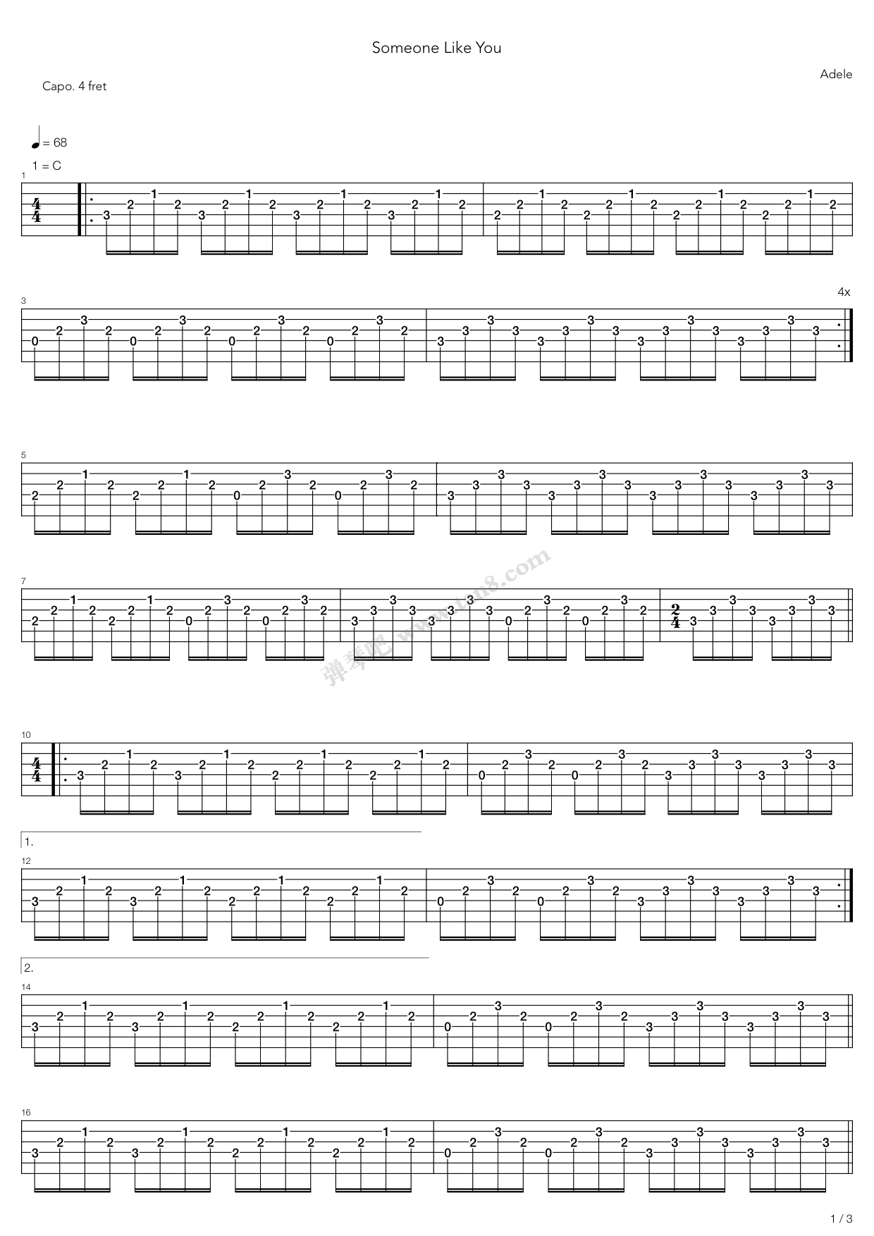 《Someone Like You》吉他谱-C大调音乐网