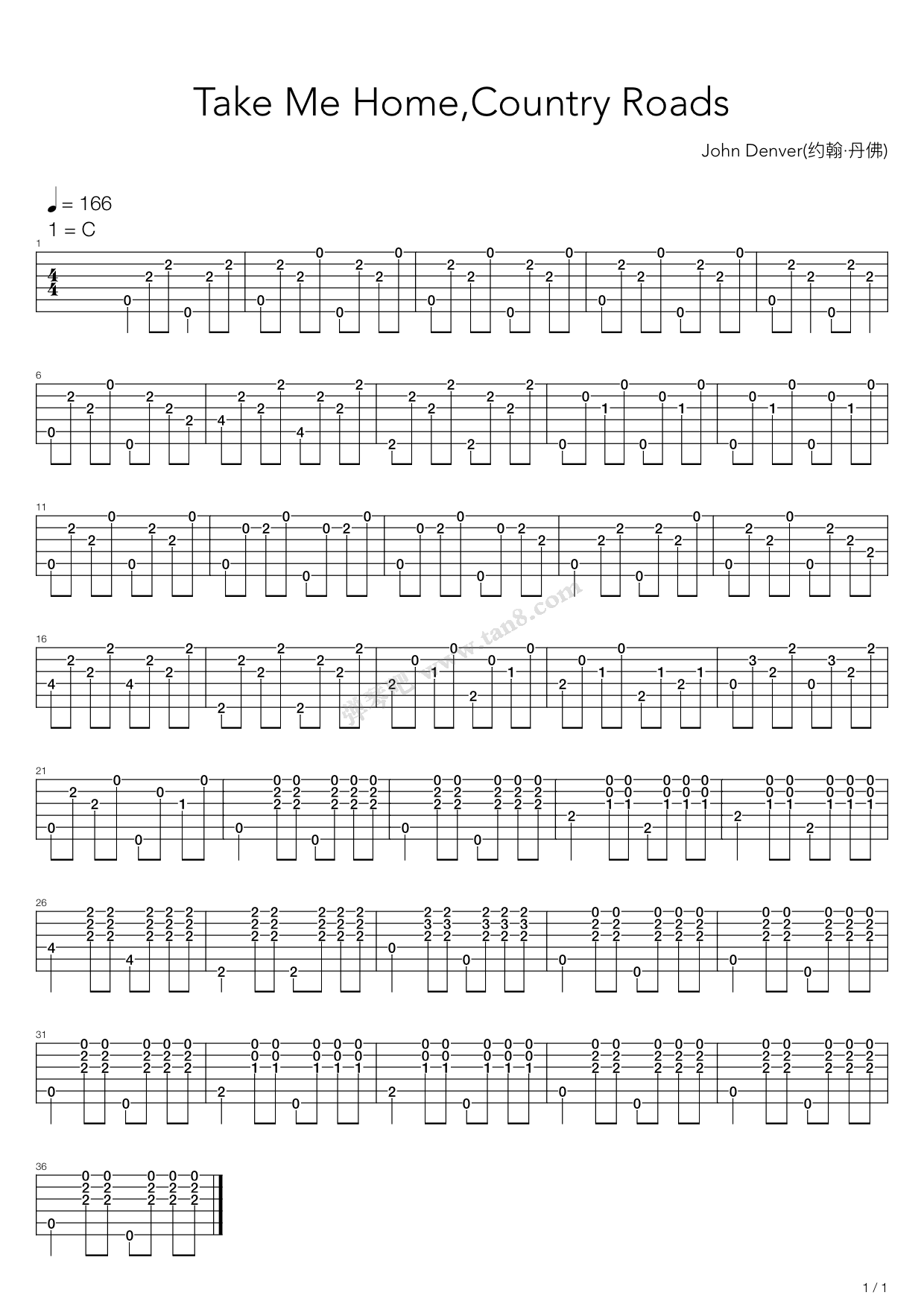 《Take Me Home,Country Roads》吉他谱-C大调音乐网