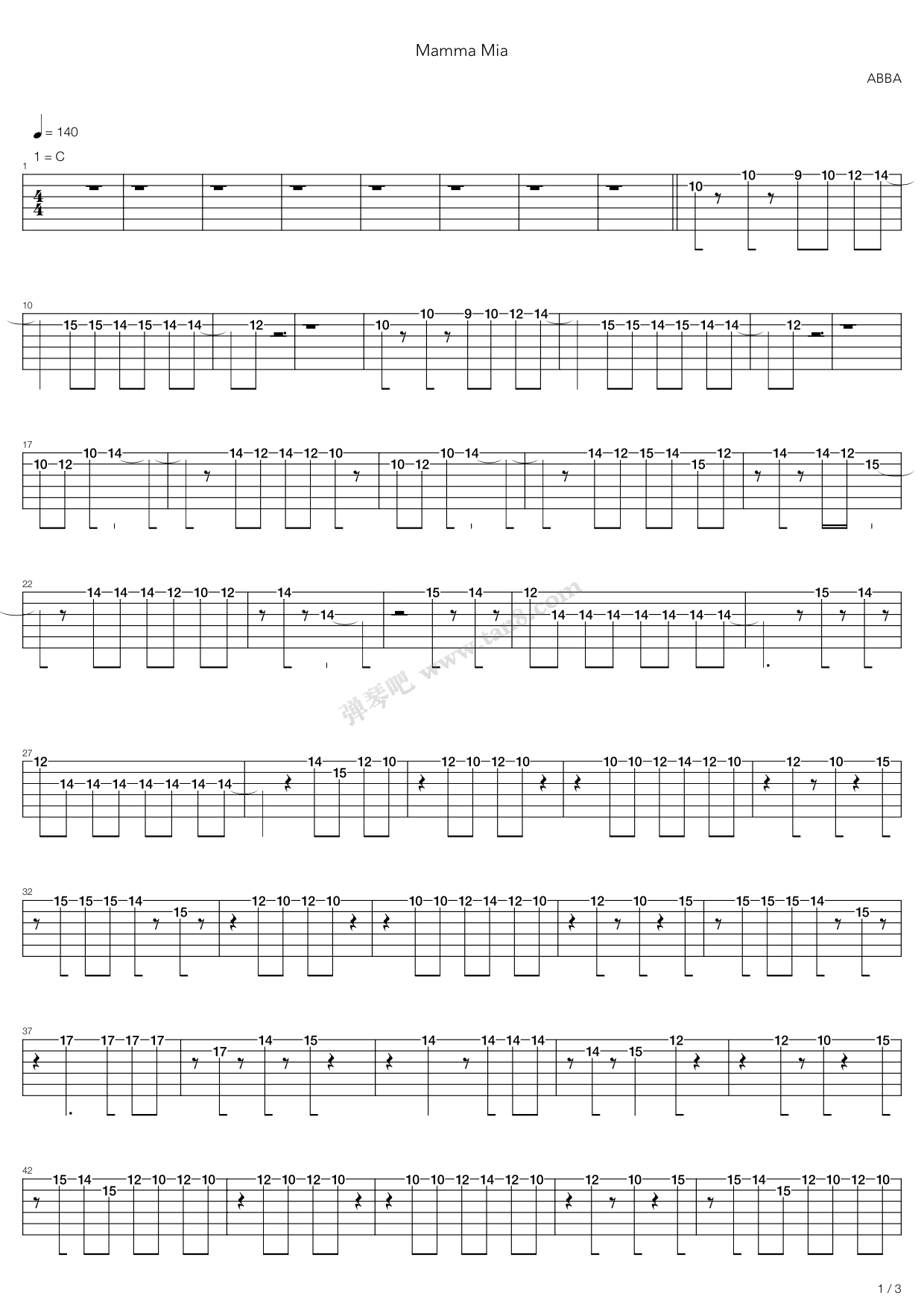 《Mamma Mia》吉他谱-C大调音乐网