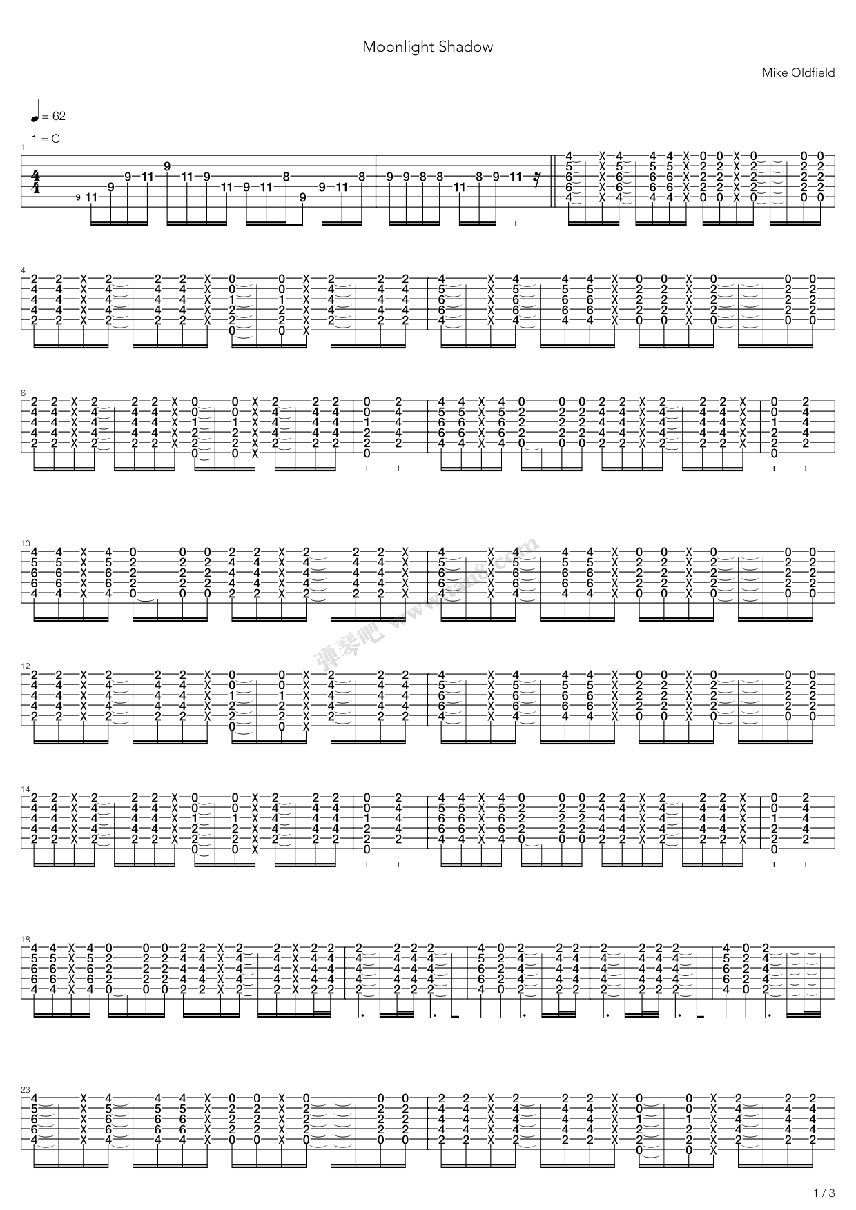 《Moonlight Shadow》吉他谱-C大调音乐网