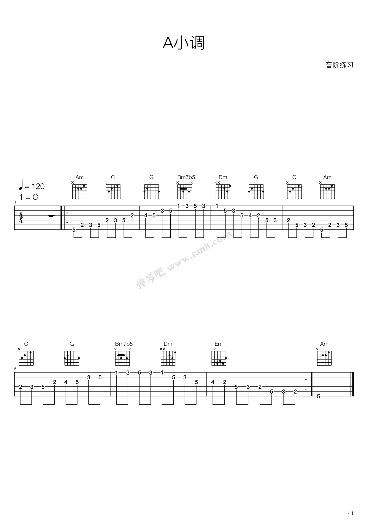 《木吉他华彩音阶练习 - A小调》吉他谱-C大调音乐网