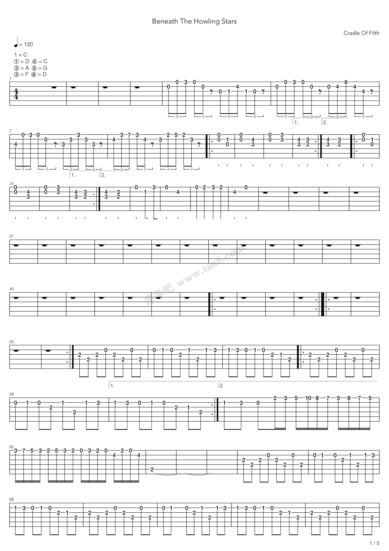 《Beneath The Howling Stars》吉他谱-C大调音乐网