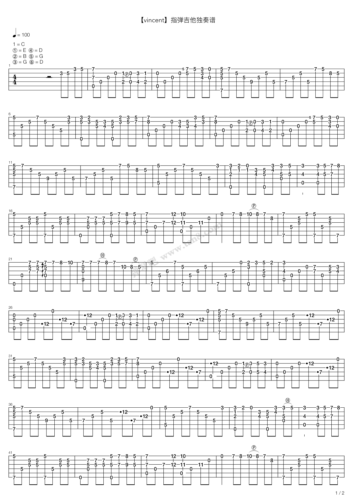 《vincent-独奏 指弹》吉他谱-C大调音乐网