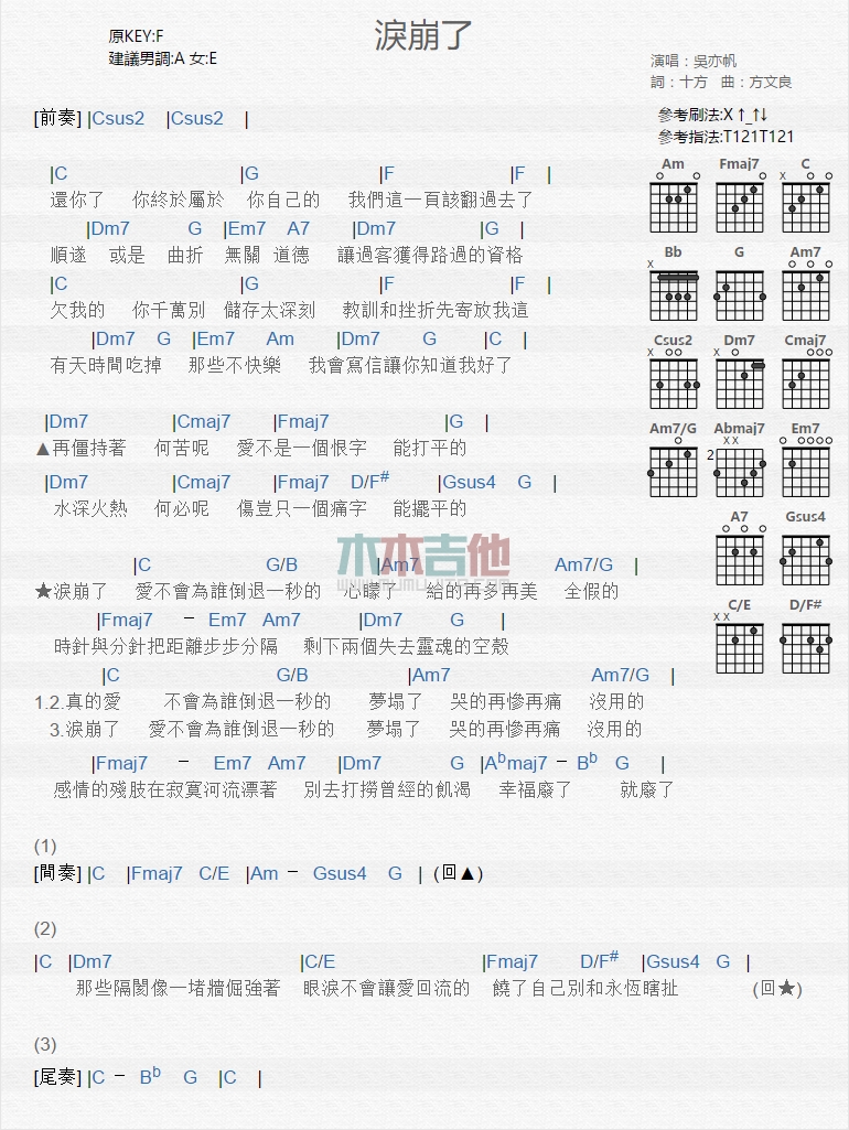 《泪崩了》吉他谱-C大调音乐网