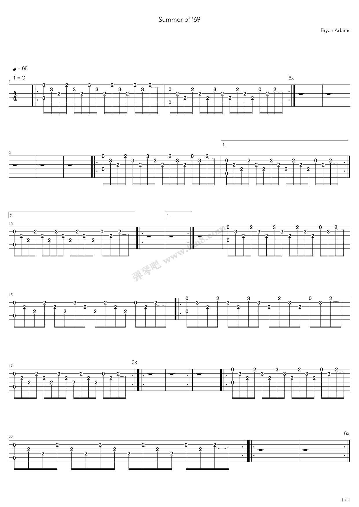 《Summer Of 69》吉他谱-C大调音乐网