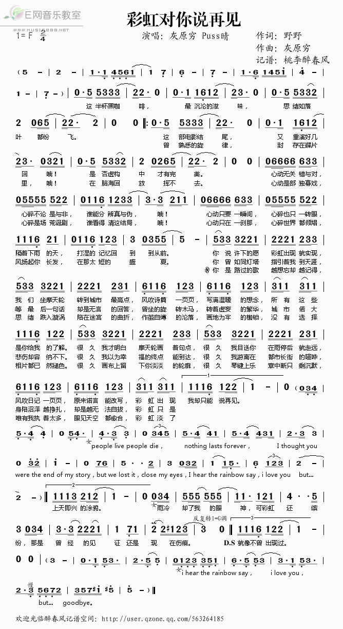 《彩虹对你说再见——灰原穷 Puss晴（简谱）》吉他谱-C大调音乐网