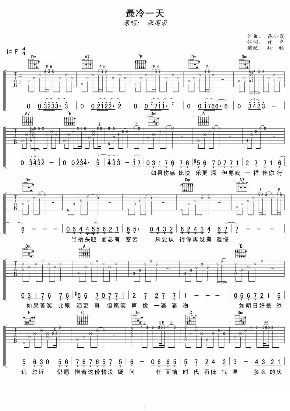 张国荣 最冷一天吉他谱-C大调音乐网