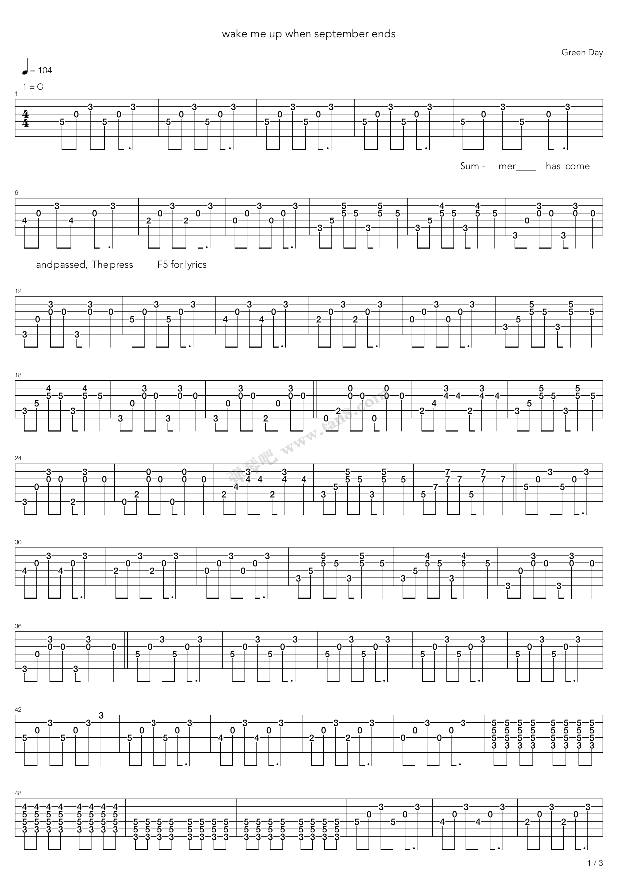 《Wake Me Up When September Ends》吉他谱-C大调音乐网