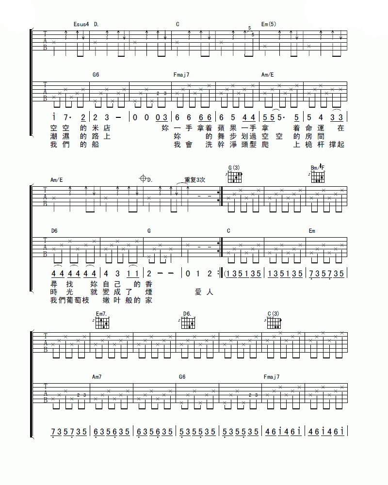 张玮玮 米店吉他谱 C调双吉他版-C大调音乐网
